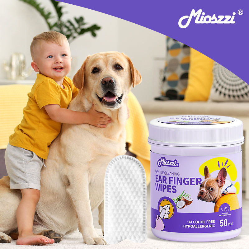 Mioszzi Pet Ear Cleaning Finger Wipes, with added coconut oil, tea tree oil, aloe leaf extract and vitamin E, these gentle cleansing pet wipes moisturize while cleaning and deodorizing ears, eyes, paws, rump and body