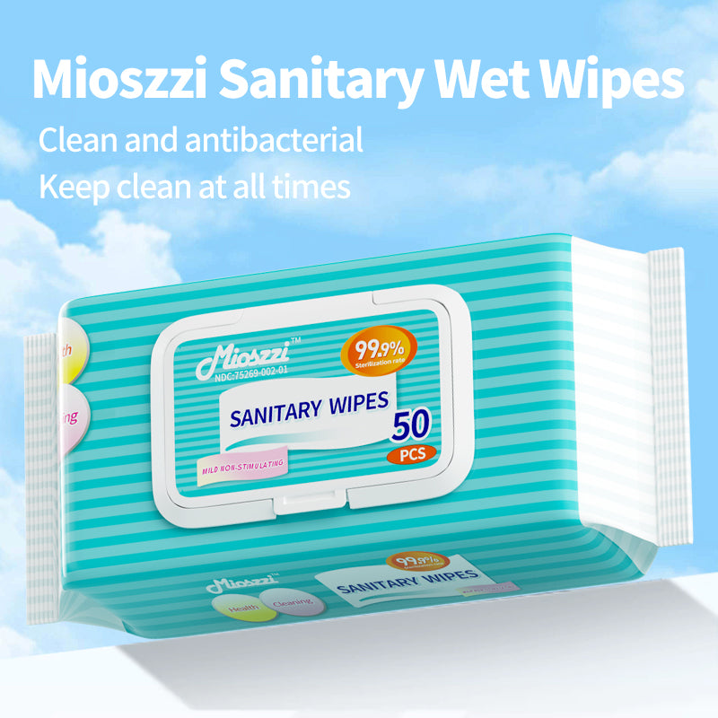1. Water-based hygienic wipes, clean the skin while moisturizing it.

2. Selected formula, effectively reduces skin irritation, suitable for wiping the body and private parts.

3. Antibacterial disinfectant wipes, kill bacteria, remove stubborn stains, remove 99.9% of allergens on the surface, and effectively reduce the number of bacteria.

4. Hygienic wipes have a cleaning ability 3 times stronger than ordinary paper towels.

5. Mioszzi travel-sized hygienic wipes, 50 pieces per pack, affordable.