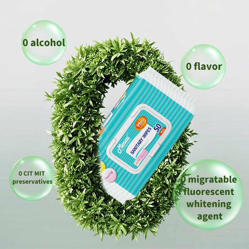 1. Water-based hygienic wipes, clean the skin while moisturizing it.

2. Selected formula, effectively reduces skin irritation, suitable for wiping the body and private parts.

3. Antibacterial disinfectant wipes, kill bacteria, remove stubborn stains, remove 99.9% of allergens on the surface, and effectively reduce the number of bacteria.

4. Hygienic wipes have a cleaning ability 3 times stronger than ordinary paper towels.

5. Mioszzi travel-sized hygienic wipes, 50 pieces per pack, affordable.