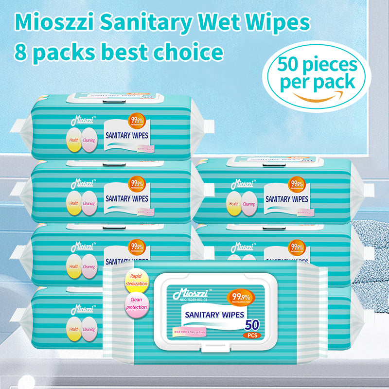 1. Water-based hygienic wipes, clean the skin while moisturizing it.

2. Selected formula, effectively reduces skin irritation, suitable for wiping the body and private parts.

3. Antibacterial disinfectant wipes, kill bacteria, remove stubborn stains, remove 99.9% of allergens on the surface, and effectively reduce the number of bacteria.

4. Hygienic wipes have a cleaning ability 3 times stronger than ordinary paper towels.

5. Mioszzi travel-sized hygienic wipes, 50 pieces per pack, affordable.