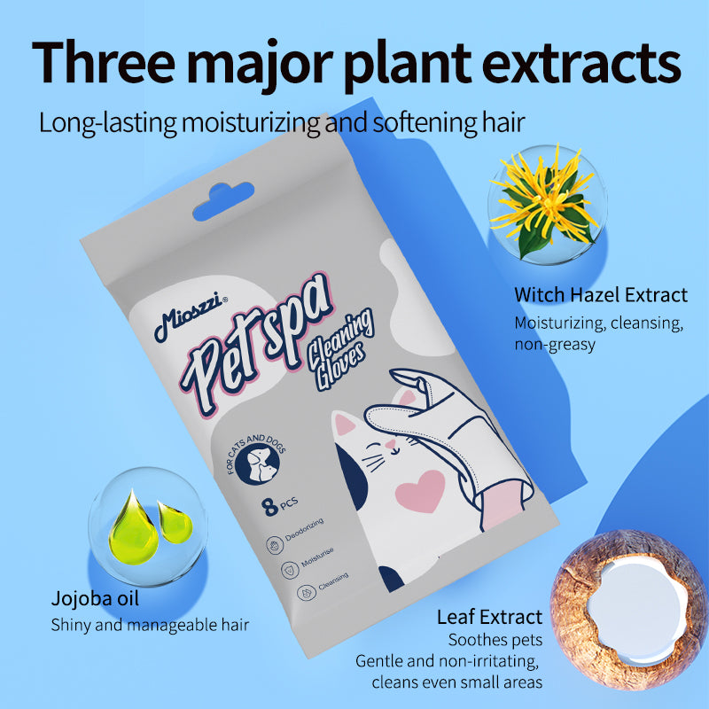 1. Gently removes dirt, debris and odors. Super strong deodorizing ability.

2. Infused with fermented coconut oil, nourishes and smoothes hair.

3. Removes sweat and dirt while fighting bacteria.

4. Fresh coconut scent calms and soothes pets' emotions, making pets fall in love with cleaning.

5. Multi-purpose pet glove wipes for cleaning body and ear wax.