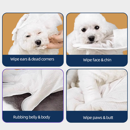 1. Gently removes dirt, debris and odors. Super strong deodorizing ability.

2. Infused with fermented coconut oil, nourishes and smoothes hair.

3. Removes sweat and dirt while fighting bacteria.

4. Fresh coconut scent calms and soothes pets' emotions, making pets fall in love with cleaning.

5. Multi-purpose pet glove wipes for cleaning body and ear wax.