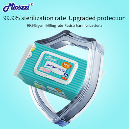 1. Water-based wipes, moisturizing the skin while cleaning it.

2. Selected formula, effectively reducing skin irritation, suitable for wiping the body and private parts.

3. Sterilizing and disinfecting wipes, effectively reducing the number of bacteria.

4. Sanitary and disinfecting sanitary wipes are 3 times stronger than paper towels.

5. Mioszzi travel-sized sanitary wipes, large quantity and affordable price.