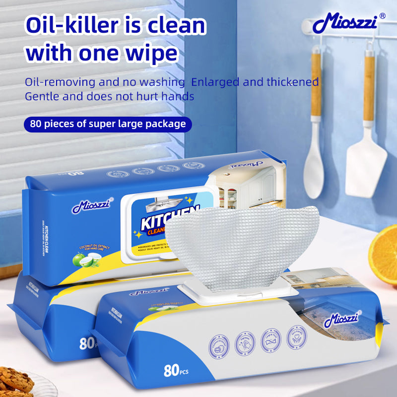 1、80 pieces of extra large flip caps pack, cheap and affordable.

2、Coconut oil extract for hand care.

3、Lemon scent, remove bacteria and odour.

4、Super -strong oil activity factor, which can replace oil pollution cleaners and rags.

5、Multi-purpose wet wipes, one piece solves the cleaning problems of stoves, tableware and cooker hoods.

6、Increase the thickened pearl pattern non -woven fabric more oil absorption.