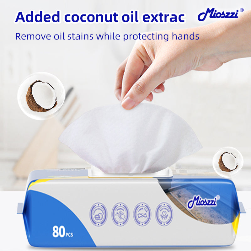1、80 pieces of extra large flip caps pack, cheap and affordable.

2、Coconut oil extract for hand care.

3、Lemon scent, remove bacteria and odour.

4、Super -strong oil activity factor, which can replace oil pollution cleaners and rags.

5、Multi-purpose wet wipes, one piece solves the cleaning problems of stoves, tableware and cooker hoods.

6、Increase the thickened pearl pattern non -woven fabric more oil absorption.