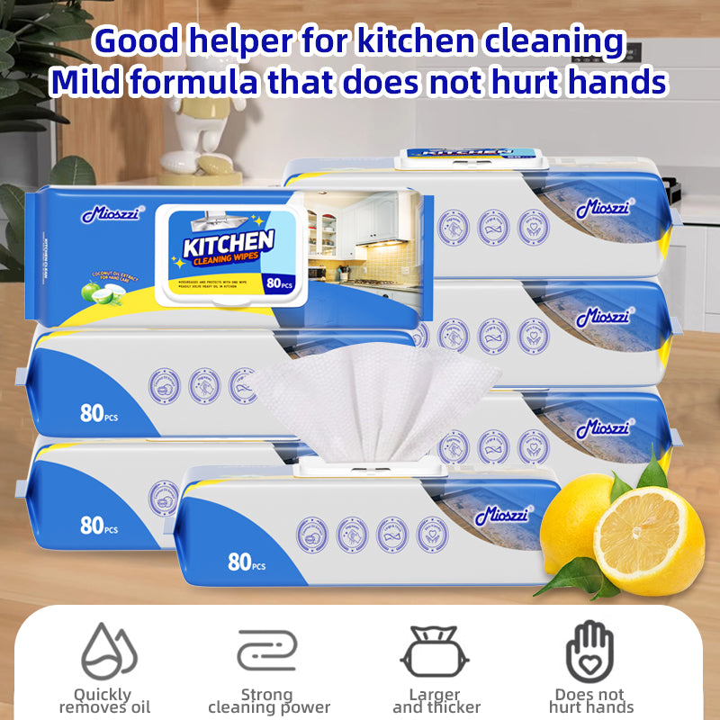 1、80 pieces of extra large flip caps pack, cheap and affordable.

2、Coconut oil extract for hand care.

3、Lemon scent, remove bacteria and odour.

4、Super -strong oil activity factor, which can replace oil pollution cleaners and rags.

5、Multi-purpose wet wipes, one piece solves the cleaning problems of stoves, tableware and cooker hoods.

6、Increase the thickened pearl pattern non -woven fabric more oil absorption.