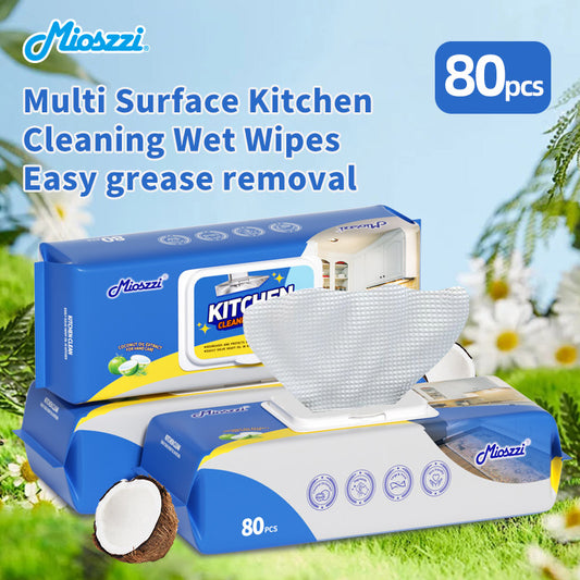 1. Added coconut oil extract, skin-friendly wipes.

2. Used to clean up spills, wipe counter&nbsp;tops and sweep up crumbs on the table.

3. Kitchen wet grease cleaning wipes are characterized by high strength, high water absorption and durability.

4. Scrub stubborn stains and provide scratch-free cleaning.

5. Disposable wipes, throw away after use, will not breed bacteria.