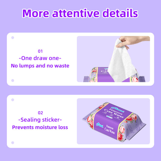 1. Disposable female care wipes, clean and hygienic.

2. No chemical additives, no dyes, moisturizing, soothing and calming sensitive skin.

3. Multi-purpose wipes, very suitable for home and apartment

4. Water-based wipes, effective moisturizing skin.

5. No-rinse private hygiene wipes for menstrual women.