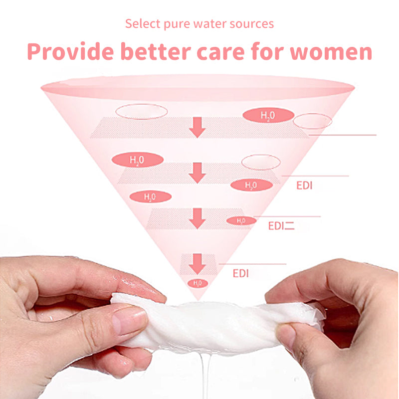 1. EDI-purified water is the main ingredient, soothing and moisturizing the skin.

2. Gentle and safe, does not contain preservatives and alcohol, and is friendly to sensitive skin.

3. Hypoallergenic formula, gentle and non-irritating.

4. Multi-purpose wipes, suitable for cleaning during menstruation and after long activities.

5. 40 pieces of small package design, convenient for travel.