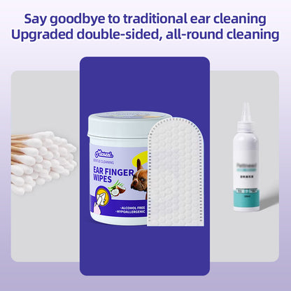 1、Pet universal type, suitable for cats, dogs, rabbits, hamsters and other pets.

2、Versatile, can be used to clean ears, teeth, around eyes and toes.

3、All natural ingredients, alcohol free ,gentle and non-irritating, protecting the health of pets.

4、Effectively removes ear wax and debris, soothes and deodorizes, and relieves ear itching and inflammation.

5、Finger-type wipes are more convenient to use and clean more carefully.
