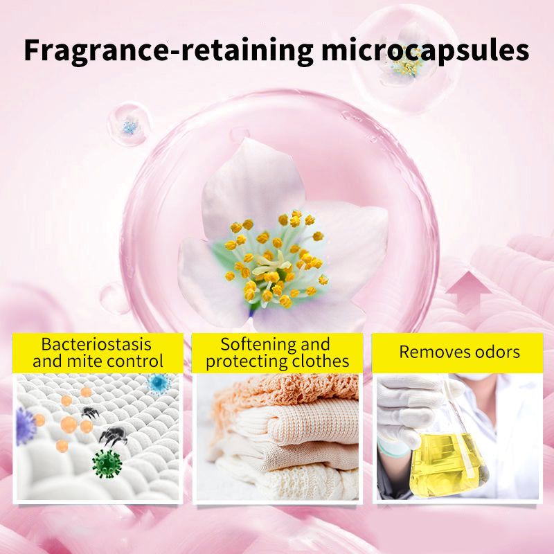 1. Laundry fragrance beads using deodorant technology effectively decompose odor molecules.

2. Microcapsule blasting technology allows clothes to retain fragrance for a long time.

3. Deodorant beads used for clothes can effectively remove sweat stains that are difficult to remove.

4. Effectively soften fabrics, anti-static to prevent clothing from clumping.

5. Value pack combination suitable for home use, large quantity and affordable price.