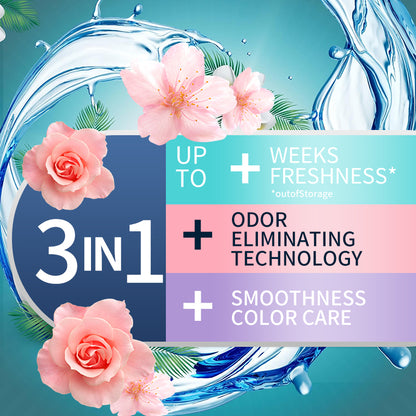 1、1.5lb large barrel for family use, large quantity and affordable.

2、Smoothness、scent retention and color care three effects in one.

3、Effectively prevent the&nbsp;clothing from clumping, remove static electricity and help the clothing to restore its&nbsp;natural elasticity and softness to the skin.

4、 Fragrant floral fragrance, cherry blossom and rose fragrance linger, makes clothes Long-lasting fragrance.

5、Safe on all washing machines and safe on all fabrics.