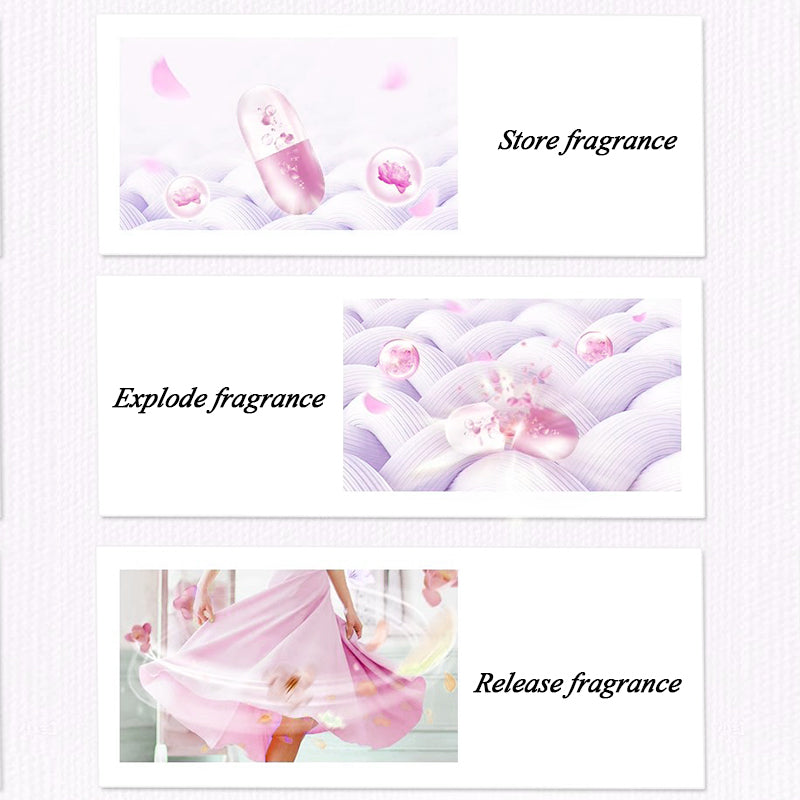 1. Laundry fragrance beads use deodorization technology to effectively decompose odor molecules.

2. Microcapsule blasting technology allows clothes to retain fragrance for a long time.

3. Clothing deodorizing beads can effectively remove sweat stains and body odor that are difficult to remove.

4. Effectively soften fabrics, prevent static electricity, and prevent clothing from clumping.

5. Super value combination pack, suitable for home use, safe and easy-to-melt formula.