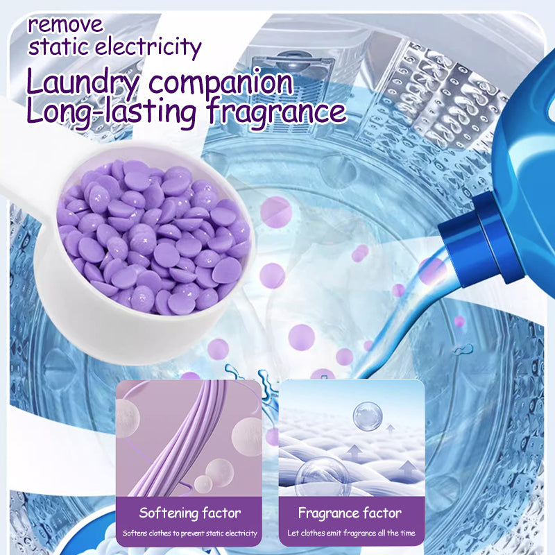 1、1.5lb large barrel, suitable for home use, large quantity and affordable.

2、Smooth, fragrance retention and color protection in one.

3、Effectively prevent clothes from clumping, remove static electricity, and help clothes restore their natural elasticity and softness.

4、The scent of lavender and violet keeps the clothes fragrant for a long time.

5、Suitable for all washing machines and all fabrics.