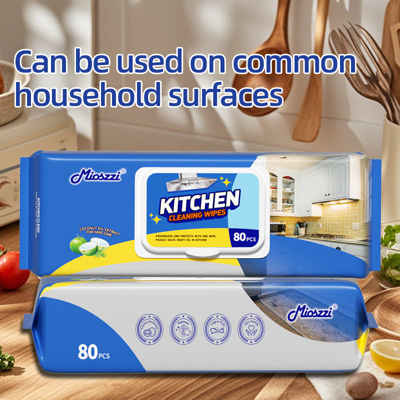 1. An efficient way to remove oil, surpassing traditional rags and degreasers, easily dealing with stubborn oil stains.

2. Effectively removes oil, dirt, and sticky fingerprints on countertops, appliances, and stoves, giving them a clean luster.

3. Contains no bleach and irritants, and gently cares for hands while providing excellent cleaning results.

4. Disposable cleaning wipes, throw away after use, ensuring freshness and hygiene every time you use them.