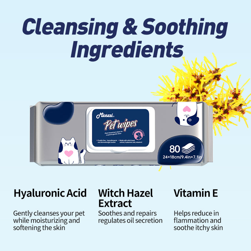 1. Selected witch hazel ingredients, using a gentle plant formula to protect pet health in all aspects.

2. Pearl pattern design can quickly remove loose hair and daily dirt on the pet's body surface for convenient cleaning.

3. Wipe away environmental allergens or irritants to reduce dog dander.

4. Contains hyaluronic acid, deeply moisturizes dry skin, and the rinse-free formula is more hygienic to use.

5. Universal pet wipes, safe for both puppies and large dogs.