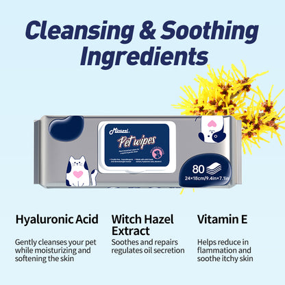 1. Selected witch hazel ingredients, using a gentle plant formula to protect pet health in all aspects.

2. Pearl pattern design can quickly remove loose hair and daily dirt on the pet's body surface for convenient cleaning.

3. Wipe away environmental allergens or irritants to reduce dog dander.

4. Contains hyaluronic acid, deeply moisturizes dry skin, and the rinse-free formula is more hygienic to use.

5. Universal pet wipes, safe for both puppies and large dogs.