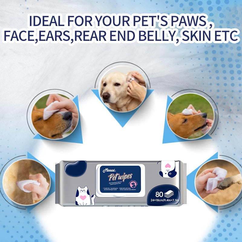 1. Selected witch hazel ingredients, using a gentle plant formula to protect pet health in all aspects.

2. Pearl pattern design can quickly remove loose hair and daily dirt on the pet's body surface for convenient cleaning.

3. Wipe away environmental allergens or irritants to reduce dog dander.

4. Contains hyaluronic acid, deeply moisturizes dry skin, and the rinse-free formula is more hygienic to use.

5. Universal pet wipes, safe for both puppies and large dogs.
