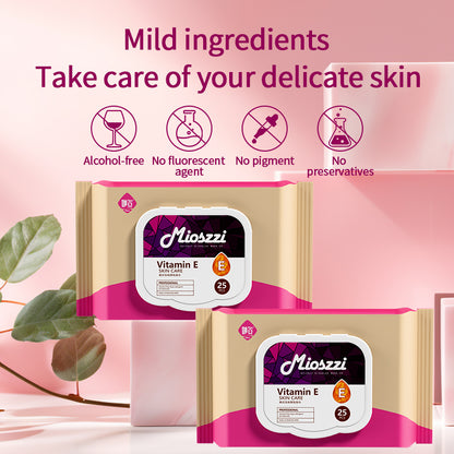 1. Makeup remover wipes with vitamin E to cleanse and moisturize skin.

2. Hypoallergenic formula without added fragrance and harsh chemicals.

3. Effectively removes dirt, oil, and makeup, leaving your face feeling fresh, moisturized, and clean.

4. Smooth texture of flat facial cleansing wipes with low friction to ensure no damage to the stratum corneum.

5. Best facial cleansing wipes for cleansing, moisturizing and soothing.