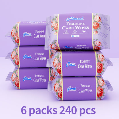 6 Packs Natural Feminine Care Wet Wipes Female Toilet Wipes Daily Refreshing Wipes Removes Odor PH Balanced No Chemical Alcohol Free Non Irritating Anti Itch Travel Size Women Wipes for Vagina & Armpit Cleaning