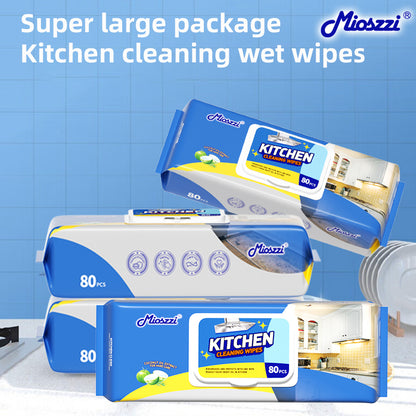 1、80 wet wipes per pack, super large package, cheap and affordable.

2、Add coconut oil extract, remove dirt without hurting hands.

3、Fresh scent, effectively removes bacteria and odors.

4、Multi-purpose wet wipes, one piece solves the cleaning problems of stoves, tableware and cooker hoods.

5、Super degreasing active factor, better than traditional rags and degreasers.