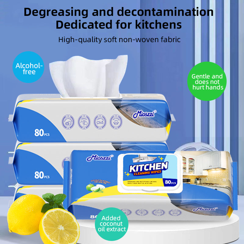 1、80 wet wipes per pack, super large package, cheap and affordable.

2、Add coconut oil extract, remove dirt without hurting hands.

3、Fresh scent, effectively removes bacteria and odors.

4、Multi-purpose wet wipes, one piece solves the cleaning problems of stoves, tableware and cooker hoods.

5、Super degreasing active factor, better than traditional rags and degreasers.
