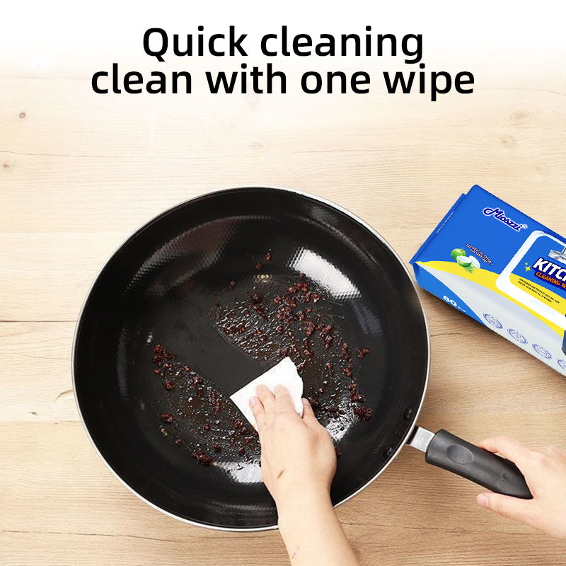 1、80 wet wipes per pack, super large package, cheap and affordable.

2、Add coconut oil extract, remove dirt without hurting hands.

3、Fresh scent, effectively removes bacteria and odors.

4、Multi-purpose wet wipes, one piece solves the cleaning problems of stoves, tableware and cooker hoods.

5、Super degreasing active factor, better than traditional rags and degreasers.