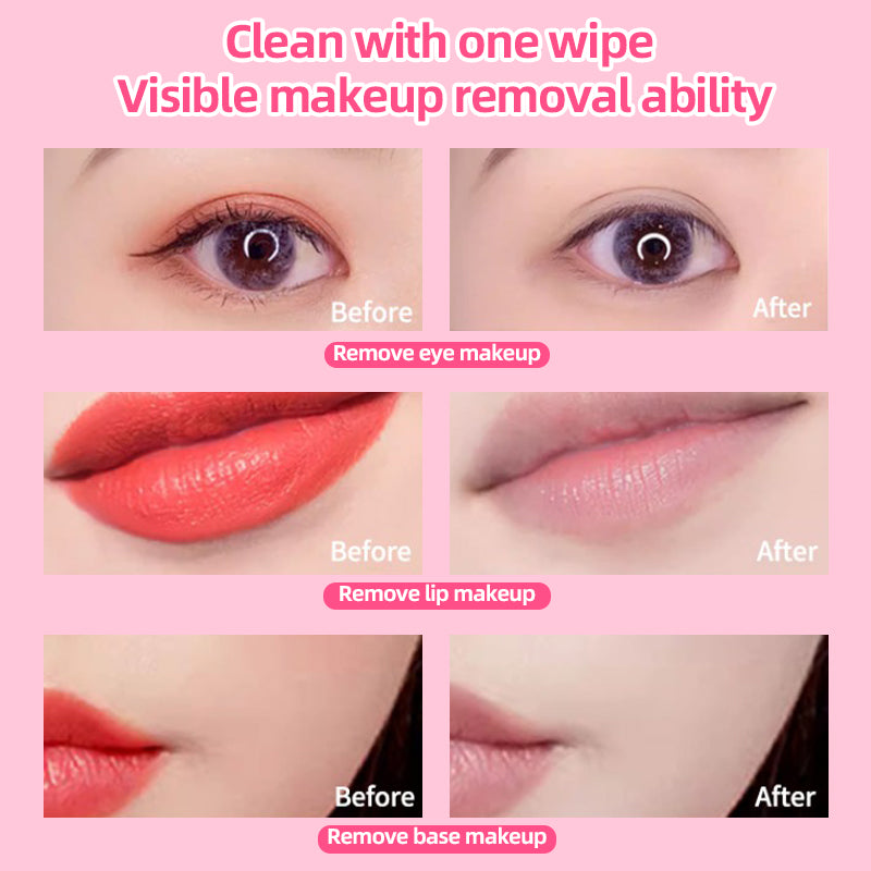 1、Contains sodium hyaluronate and vitamin E to remove makeup and moisturize the skin.

2、Portable pack, suitable for daily skin care and travel necessities.

3、Hypoallergenic formula, no added alcohol, mild and non-irritating, suitable for sensitive skin.

4、Strong makeup removal ability, a wet tissue can remove all facial makeup.

5、It is versatile and can remove dirt, grease and waterproof cosmetics.