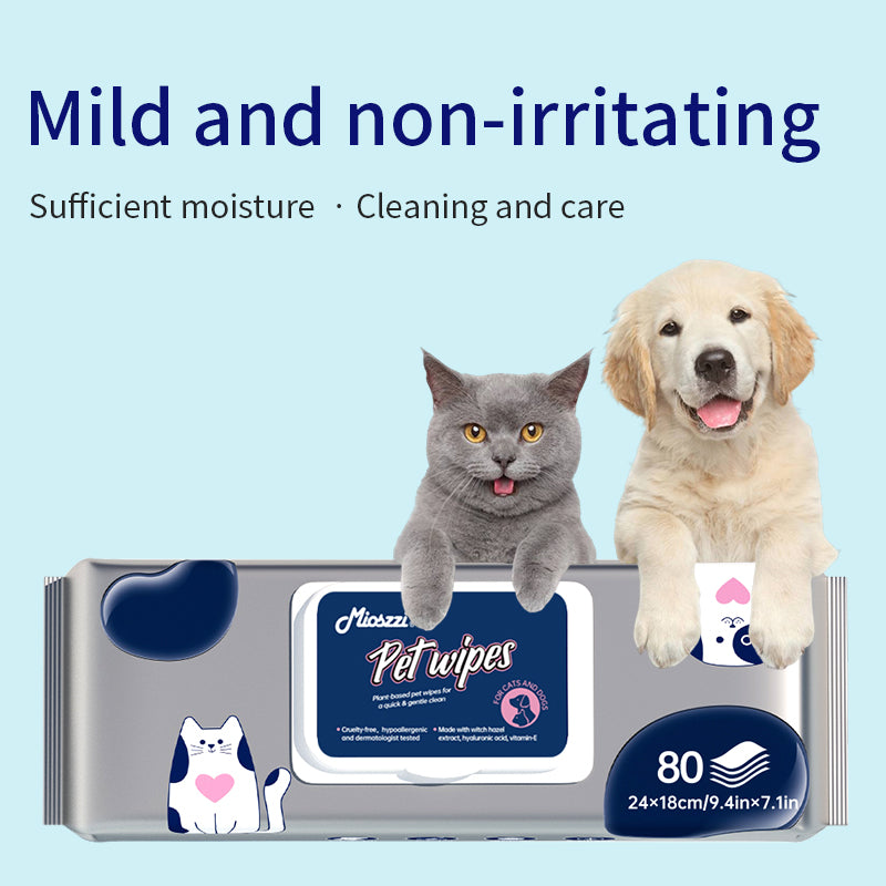 1. Made with a cleansing formula that cleanses and tear-stains, leaving skin feeling clean and fresh.
2. Added hyaluronic acid for a deep cleanse that removes dirt, dander and pet odors.
3. Added plant extracts to cleanse and moisturize skin and hair.
4. Antibacterial and deodorant wipes to effectively prevent the spread of dirt, odor and bacteria.
5. Thick non-woven fabric design, 360 degree clean whole body, dog and cat grooming wipes.