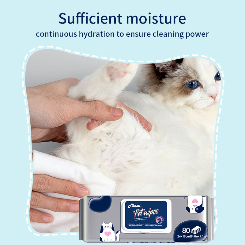 1. Made with a cleansing formula that cleanses and tear-stains, leaving skin feeling clean and fresh.
2. Added hyaluronic acid for a deep cleanse that removes dirt, dander and pet odors.
3. Added plant extracts to cleanse and moisturize skin and hair.
4. Antibacterial and deodorant wipes to effectively prevent the spread of dirt, odor and bacteria.
5. Thick non-woven fabric design, 360 degree clean whole body, dog and cat grooming wipes.