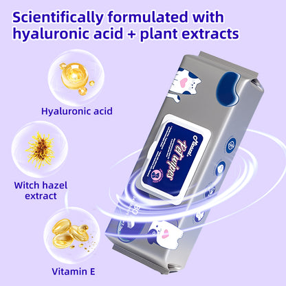 1. Hypoallergenic cleansing formula effectively cleans and removes tear stains for a fresh, clean skin experience.

2. Add hyaluronic acid ingredients, deep clean skin, and easily remove dirt, dander, and pet odor.

3.Witch hazel extract, clean and nourish the skin and hair, care for the health of pets.

4. Antibacterial deodorizing wipes effectively inhibit the growth of dirt, odor, and bacteria to maintain a hygienic environment for pets.

5. Designed with thick non-woven fabric to achieve 360-degree